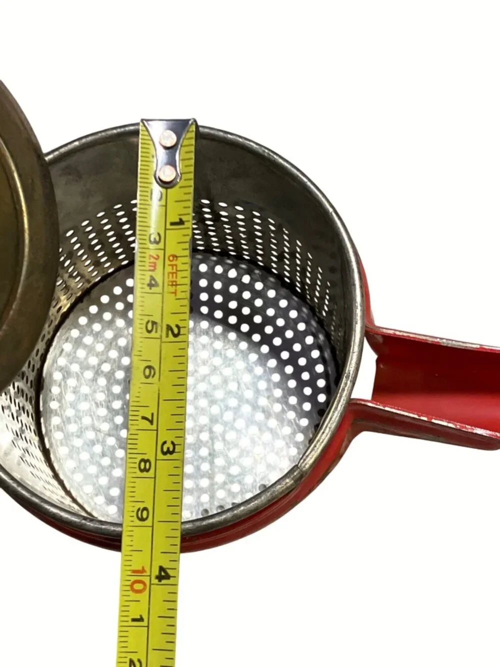 Red Metal Potato Ricer With Perforated Basket And Press Handle Vintage
